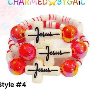 Jesus Cross Clay Bead Bead Bracelet, silicone cross J.E.S.U.S,- Red/White